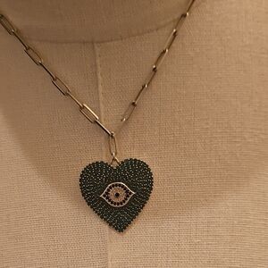 Green Heart Necklace with Evil Eye Accent - Silver Chain